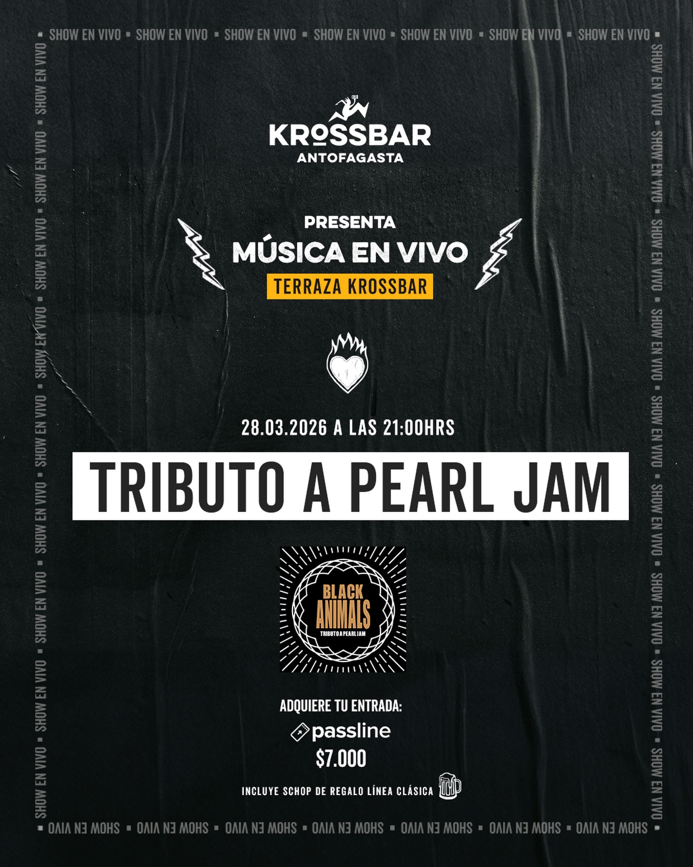 🎸🔥 El grunge se toma Krossbar 🔥🎸
Este sábado 28 de marzo a las 21:00 hrs, vive una noche intensa con lo mejor del rock noventero en un poderoso tributo a Pearl Jam junto a la banda Black Animals 🤘
Prepárate para cantar, saltar y dejarlo todo con esos clásicos que siguen sonando fuerte… una experiencia cargada de energía y actitud 💥
🎟 Entrada: $7.000 
Venta: Passline y directo en el local.
🍺 Incluye schop de regalo
La cita está hecha… solo falta que llegues y seas parte de esta noche épica en Krossbar

#antofagasta #krossbarantofagasta #panoramasantofagasta