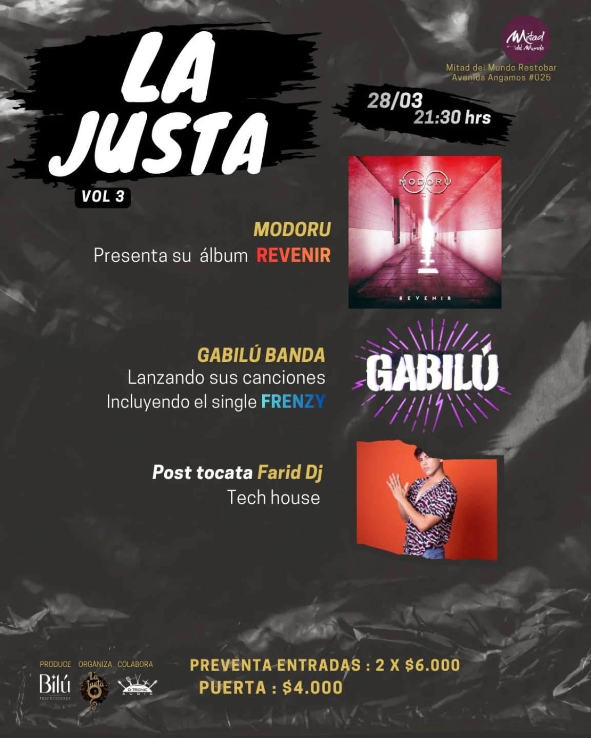 ♦️♦️ 28 de Marzo 2026 ♦️♦️

Tenemos fecha con los magnos de @modoru_cl que estarán tocando su disco REVENIR con todo el poder.

Con la Gabilú Banda, estaremos lanzando nuestros temas que están brigidamente buenazos, pura energía. ⚡️

Lxs esperamos en @mitaddelmundo.restaurant
Desde las 21.30 en escena 💣

Y para finalizar la noche gozando infinito con el @fgerald_ vacile asegurado 🛸

Habrán más sorpresas, harta locura 🩻💊😋

Nos vemos genteeeee 🤘".